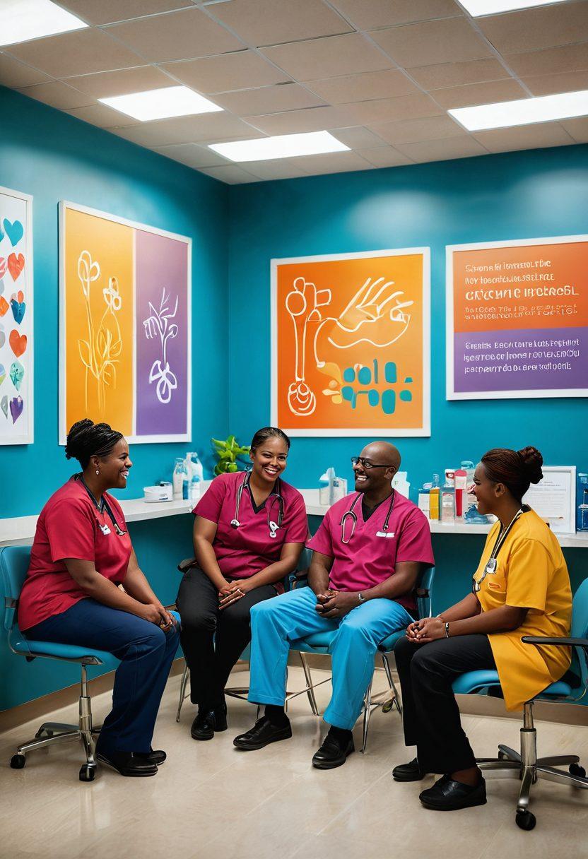 A heartwarming scene of compassionate healthcare professionals interacting with diverse community members in a vibrant clinic setting. Emphasize warmth and connection through smiling faces and supportive gestures. Include elements like healthcare tools, colorful walls, and a sense of community spirit in the air. super-realistic. vibrant colors. warm lighting.