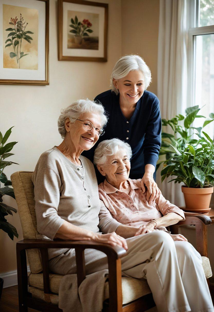 A warm scene featuring a caring caregiver gently assisting an elderly person in a cozy living room, filled with plants and soft natural light. The caregiver is smiling, conveying compassion, while the elderly person appears relaxed and happy. Elements like photos on the wall, a comfortable armchair, and a steaming cup of tea add a homely feel, emphasizing personalized care. soft focus. warm colors. painting.