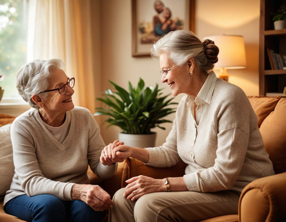 A warm and inviting scene depicting a caregiver gently interacting with a smiling senior in a cozy living room. Include elements like family photos on the wall, a potted plant, and soft lighting that creates a sense of comfort and connection. The caregiver is demonstrating personalized care, such as holding the senior's hand or engaging in a meaningful conversation. Emphasize warmth and emotional bonding. super-realistic. vibrant colors. cozy atmosphere.